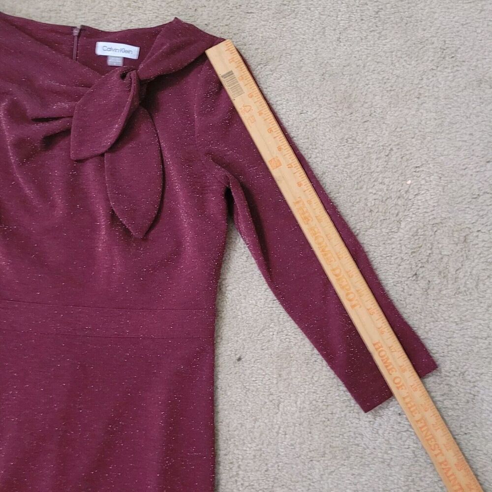 Calvin Klein Sheath Dress Womens 6 Wine Red Tie Neck Sparkle Detail 3/4 Sleeves - Picture 8 of 16